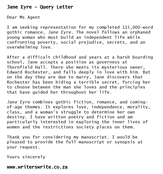 Jane Eyre Query Letter Example - Writers Write Jane Eyre Query Letter Example - Writers Write