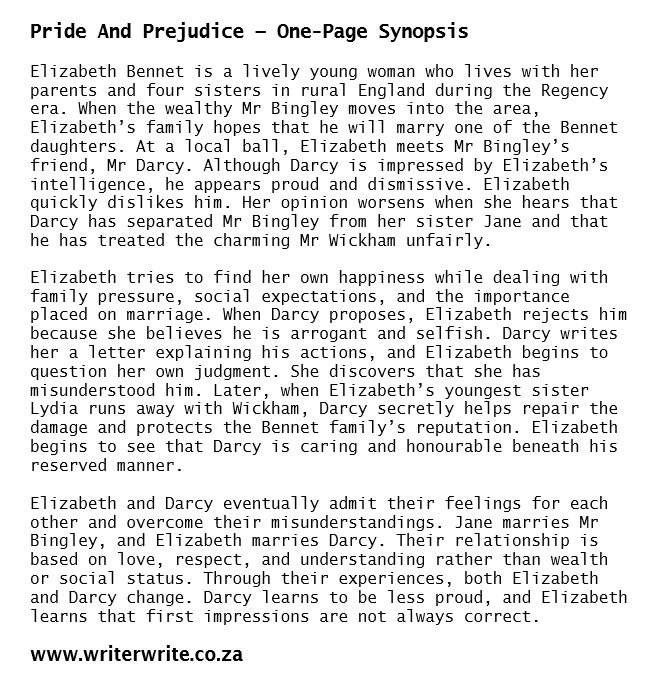 Pride And Prejudice - One-Page Synopsis