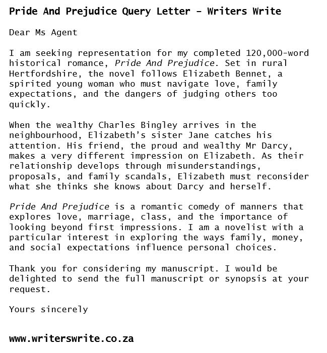 Pride And Prejudice Query Letter Example - Writers Write Pride And Prejudice Query Letter Example - Writers Write