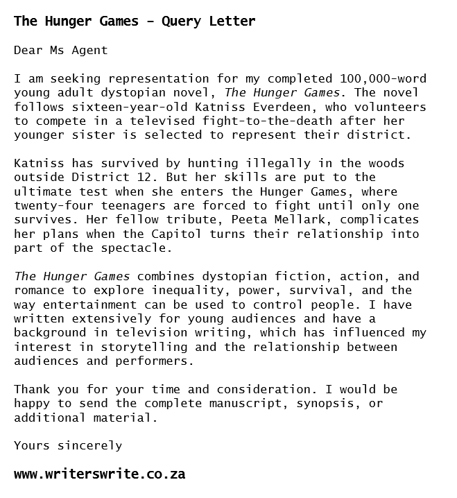 The Hunger Games Query Letter Example - Writers Write The Hunger Games Query Letter Example - Writers Write